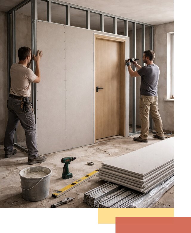 Перегородка из гипсокартона с дверью под ключ в Коломне