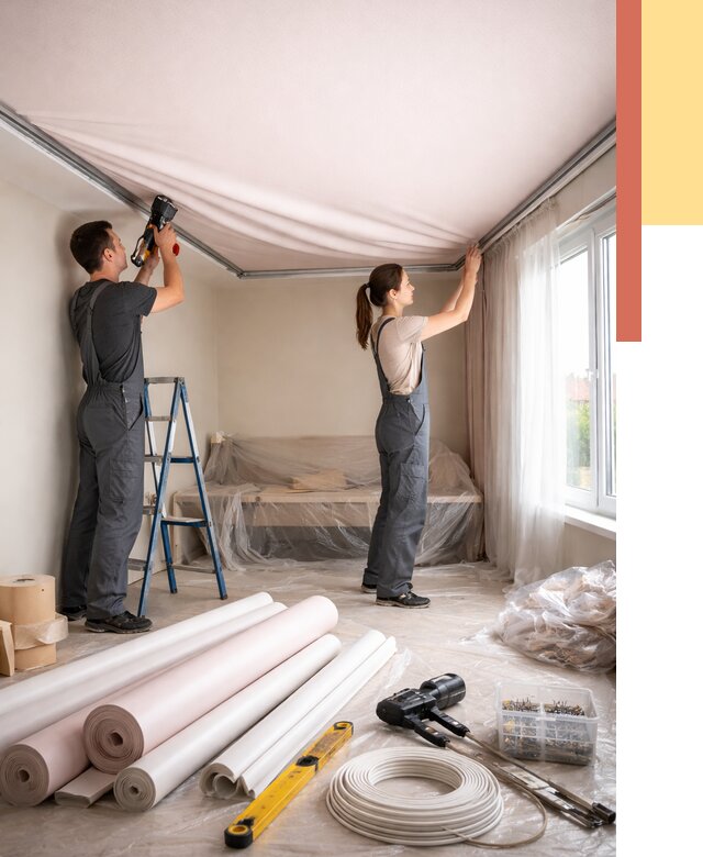 Монтаж цветного натяжного потолка в Коломне от 4258 руб/м² — быстро и недорого | ОТДЕЛОЧНИК-Клм