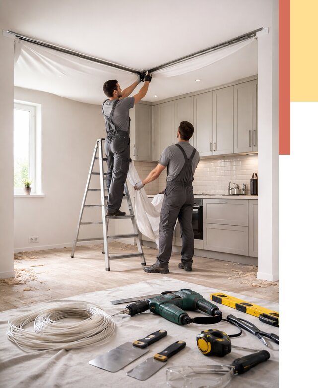 Установка натяжного потолка на кухне в Коломне от 2433 руб. | ОТДЕЛОЧНИК-Клм