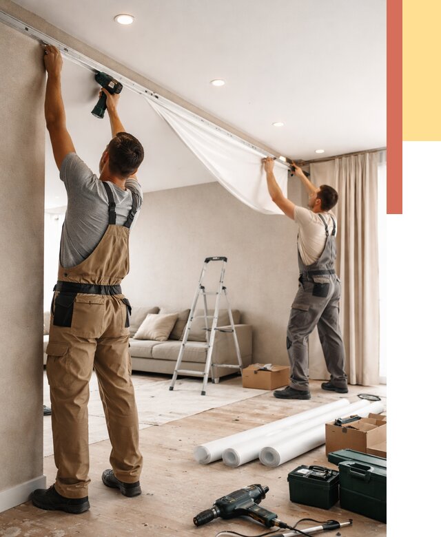 Монтаж натяжного потолка в гостиной в Коломне от 558 руб. | ОТДЕЛОЧНИК-Клм