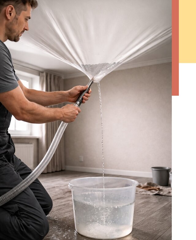 Слив воды с натяжного потолка в Коломне от 2535 руб. быстро и недорого | ОТДЕЛОЧНИК-Клм