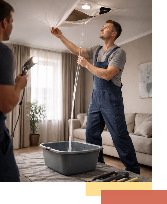 Слив воды с натяжного потолка в Коломне быстро и аккуратно