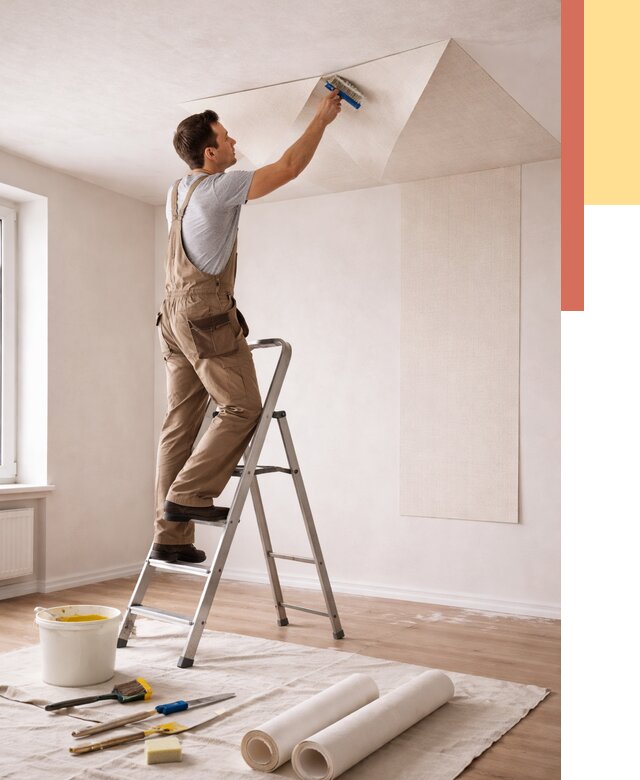 Поклейка обоев на потолок в Коломне от 4563 руб. быстро и недорого | ОТДЕЛОЧНИК-Клм